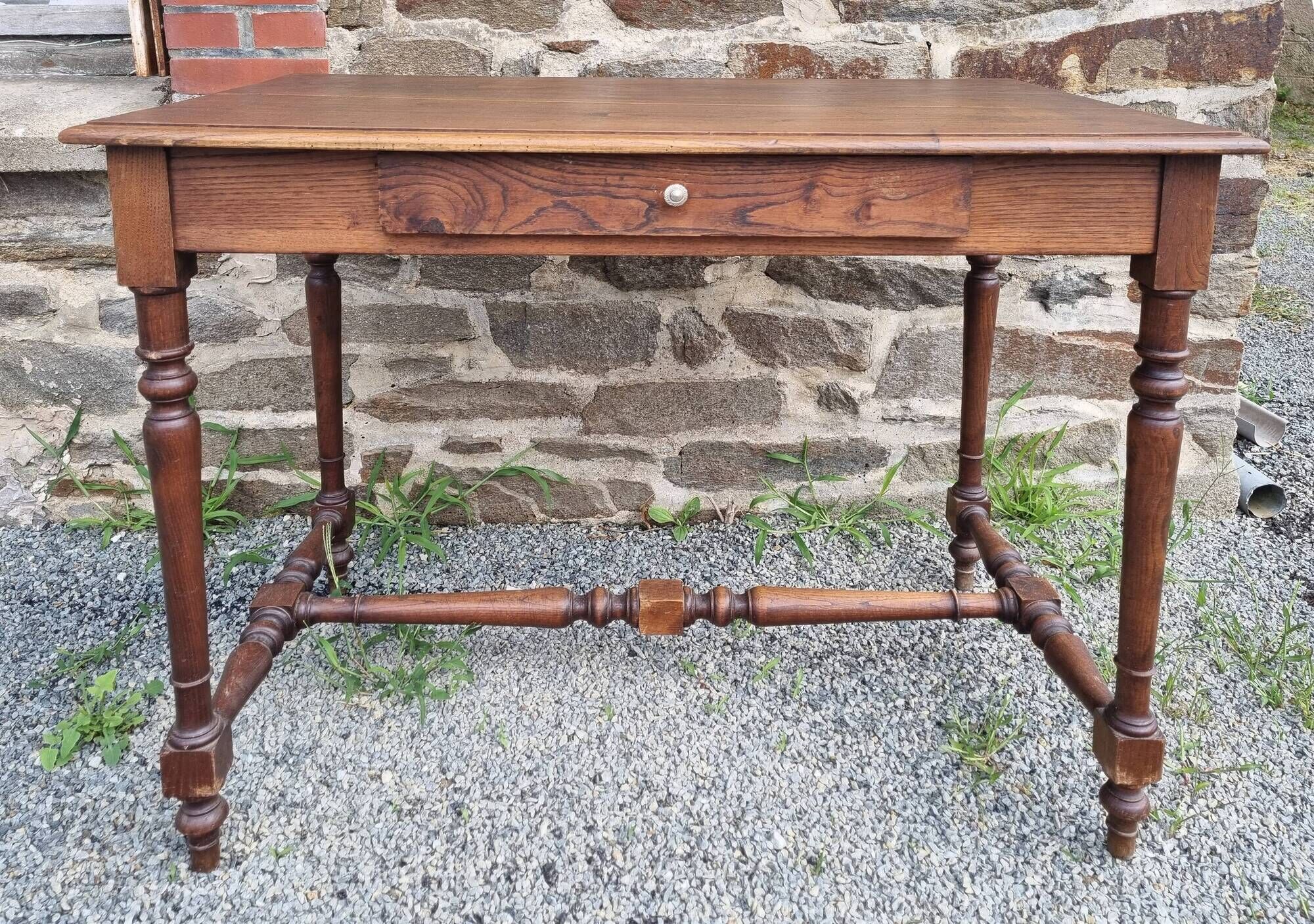 Writing table or wooden desk, Louis XIII style, turned legs, vintage