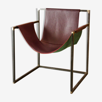 Burgundy leather armchair metal style indus contemporary design