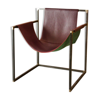Burgundy leather armchair metal style indus contemporary design
