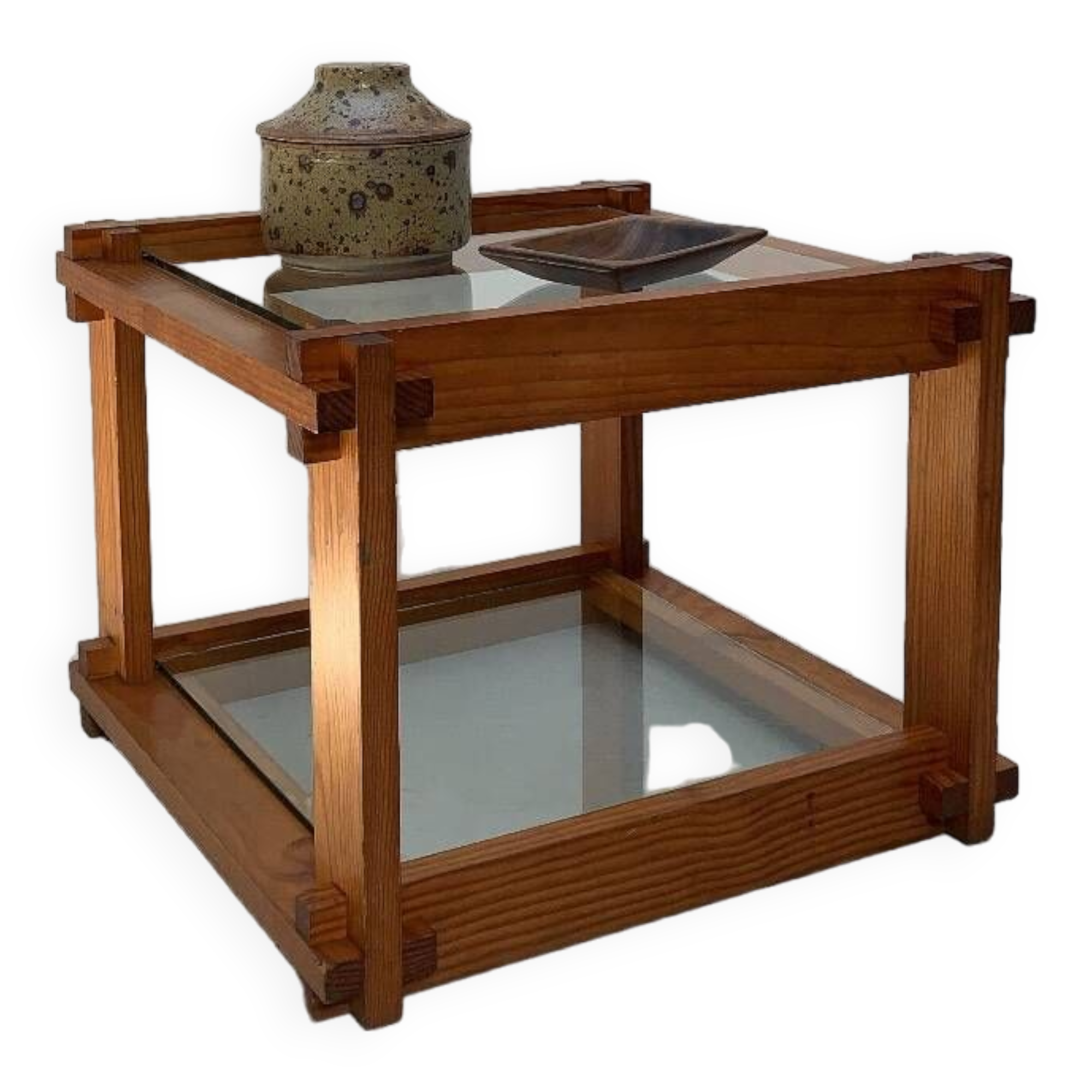 Small glass and pine side table, 1970s