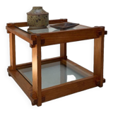 Small glass and pine side table, 1970s