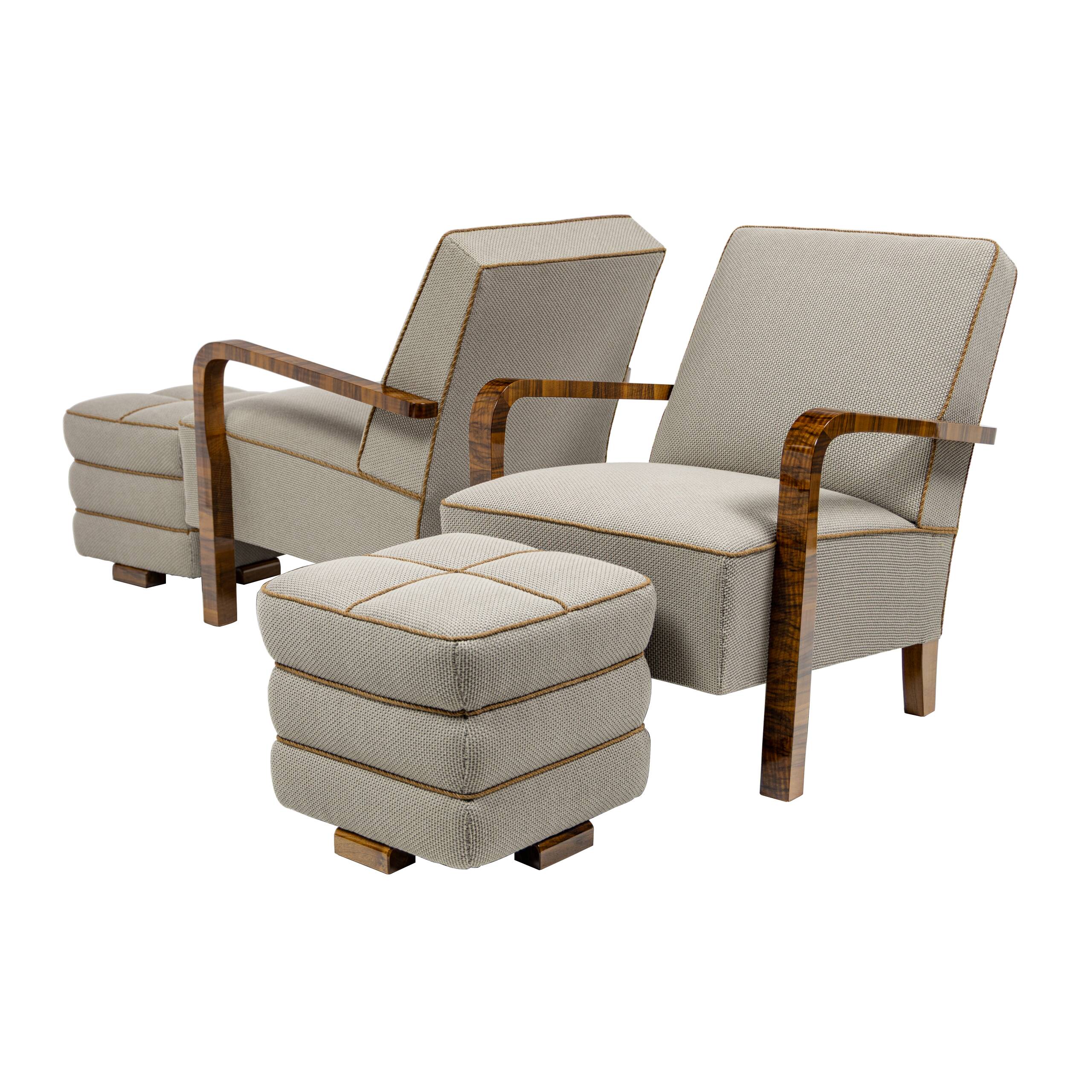 Pair of Art Deco armchairs and two poufs in walnut - 1930-1940