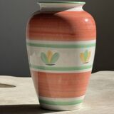 Large vintage pink vase with yellow and green stylized flower patterns H25