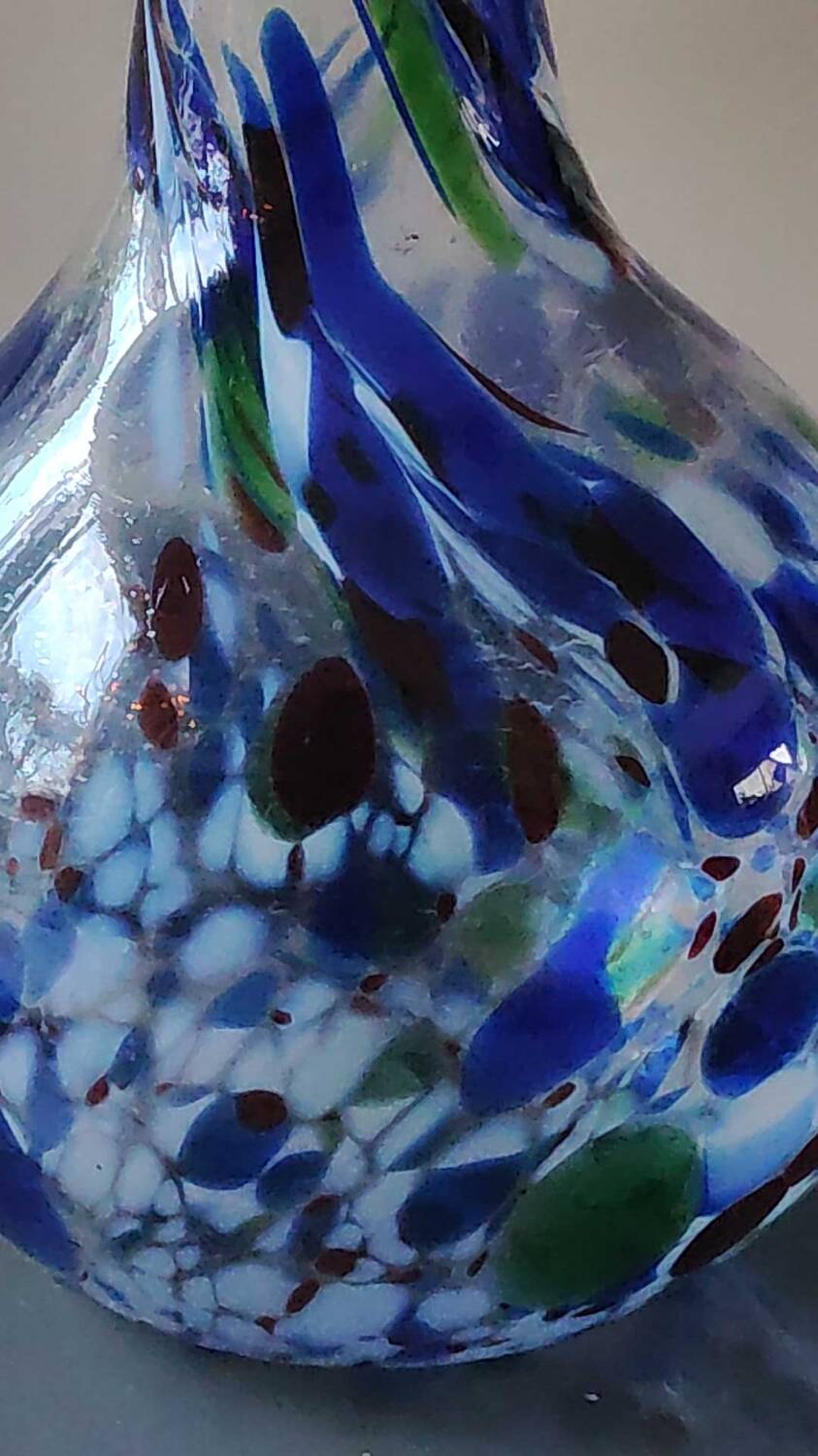 Designer Ball Vase in blown art glass, Murano style. Multi-colored speckles/smoke swirls. Dim 26 x 13 cm