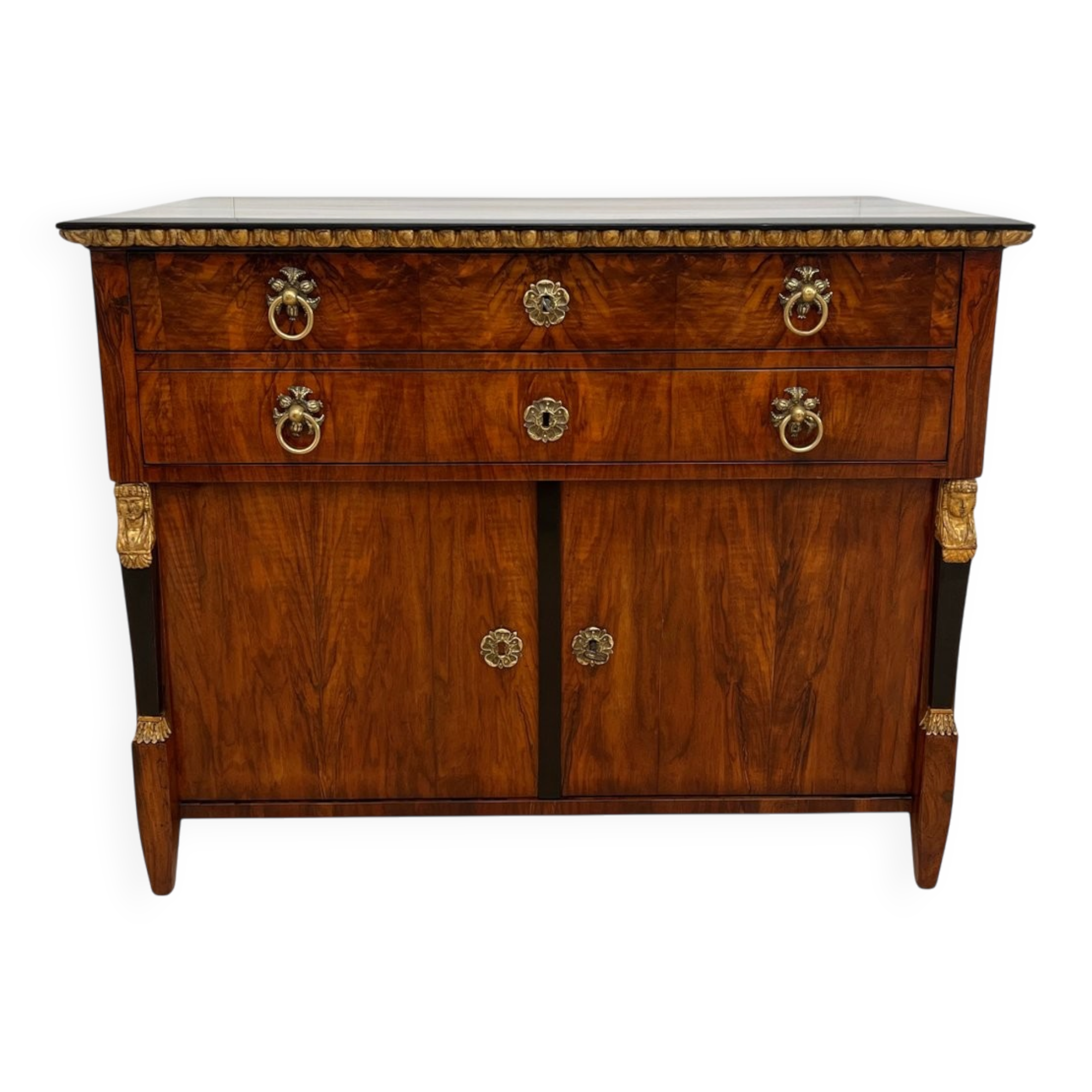 Biedermeier Chest in Walnut Veneer, Cherry, Gold Leaf & Brass, Austria, 1815