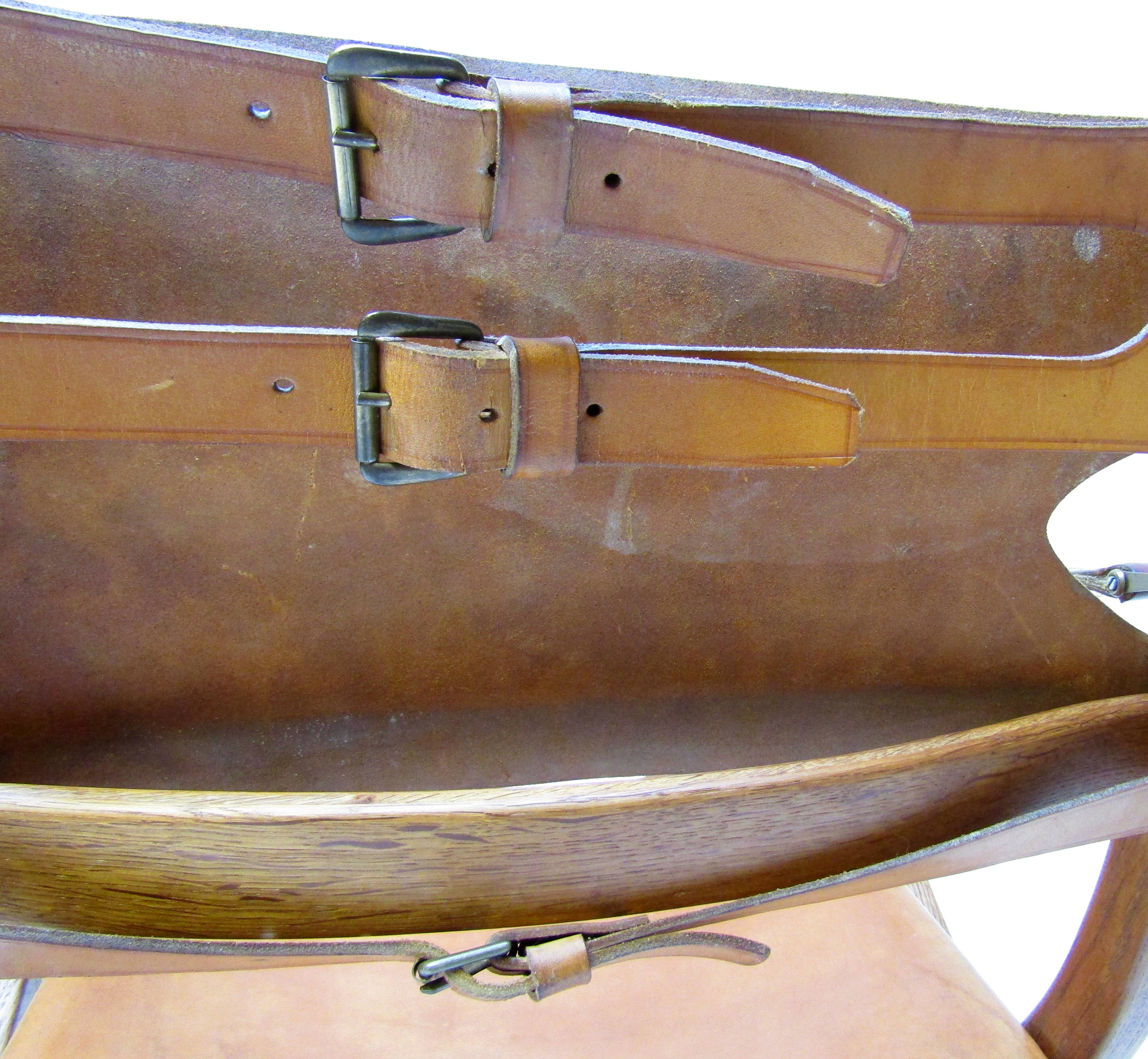 Two 1950s Danish Safari Chairs In Oak & Hide Leather by Poul Hundevad