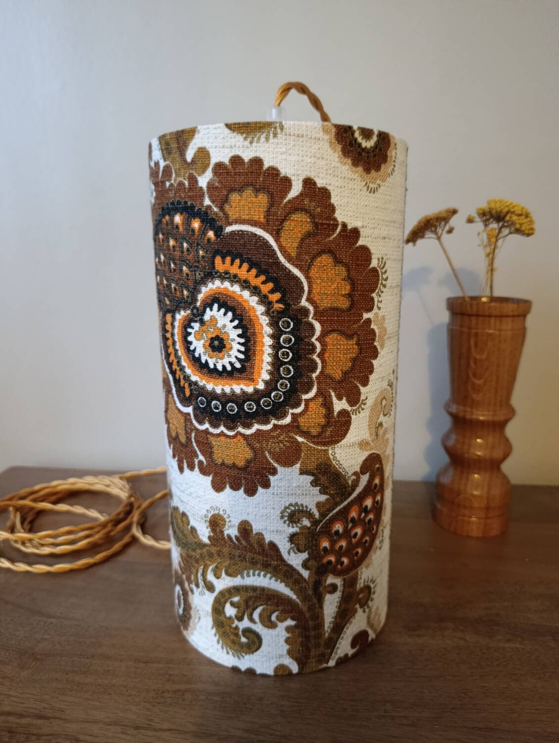 Vintage portable lamp with authentic seventies floral linen fabric.