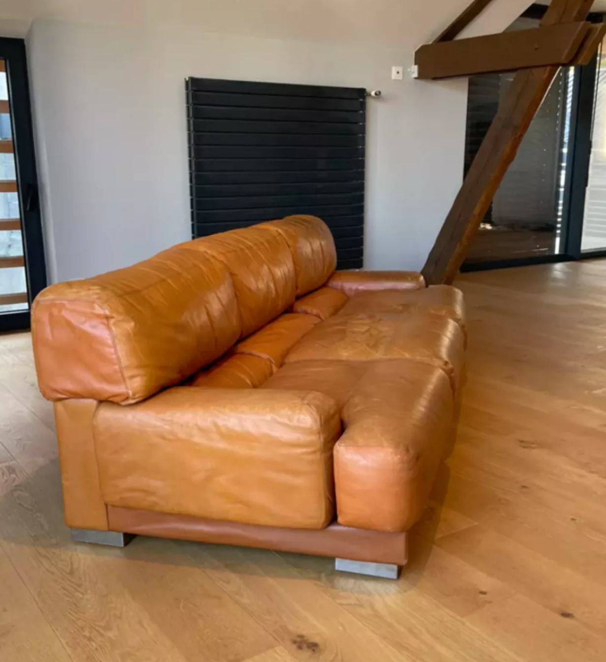 Vintage 3-seater sofa Gérard Guermonprez fawn and stainless steel leather, France 1970