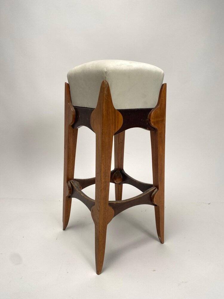 Mid-Century Italian Wooden Stool with Velvet Seat, 1950s