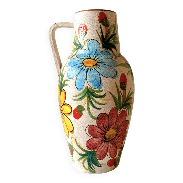 Grand vase vintage en céramique- décor floral peint à la main - Italie