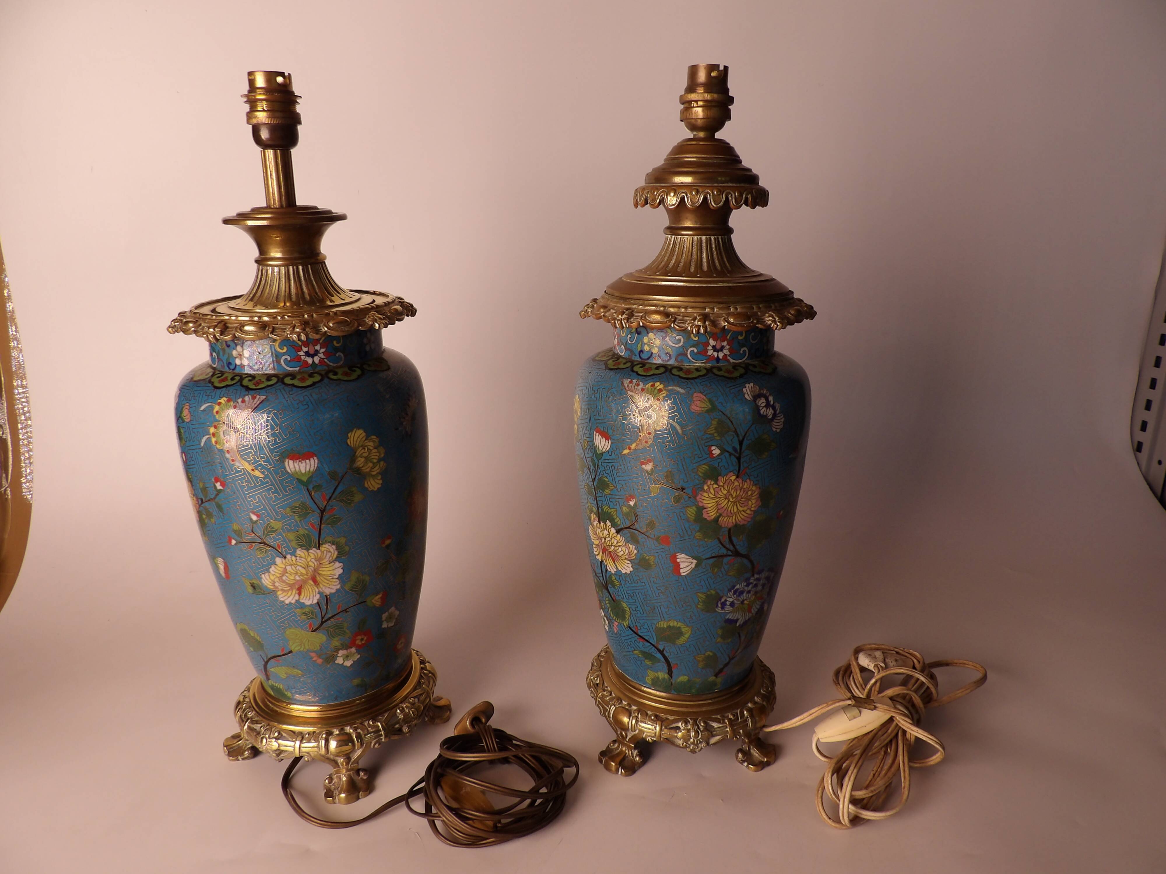 Pair of Asian style lamps in cloisonné and bronze