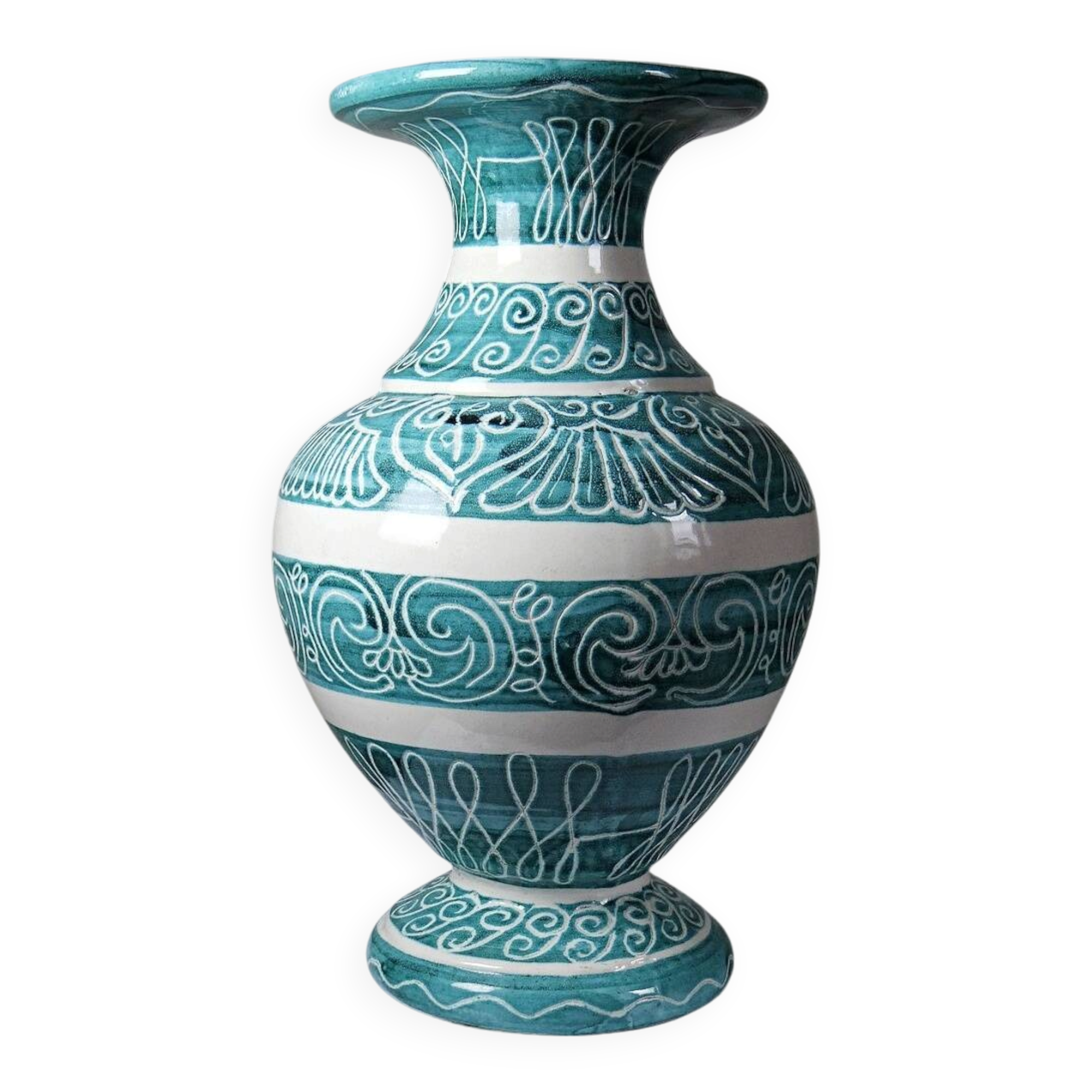 Vintage turquoise ceramic baluster vase with incised decoration.