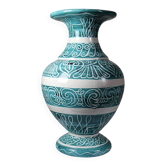 Vintage turquoise ceramic baluster vase with incised decoration.