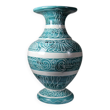 Vintage turquoise ceramic baluster vase with incised decoration.