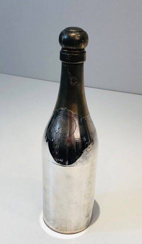 Rare silver-plated and brass shaker in the shape of a champagne bottle