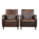 Set of two vintage sheepskin leather design armchairs in a cognac colour