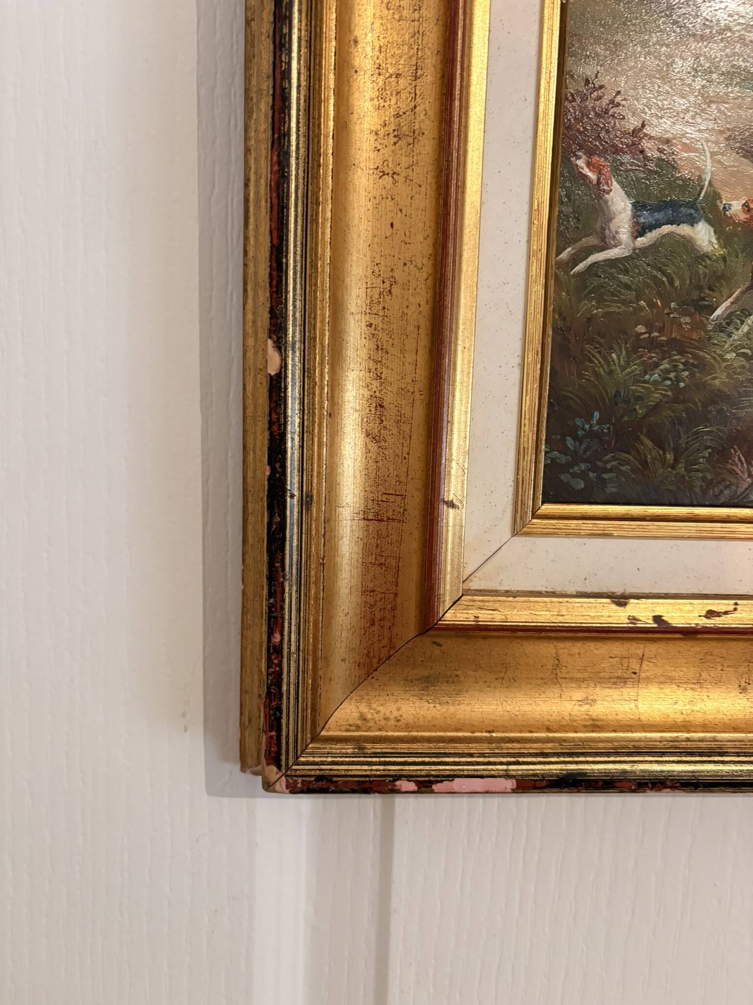 Oil Painting Panel Wood Gilded Hunting English Dog 19th Century