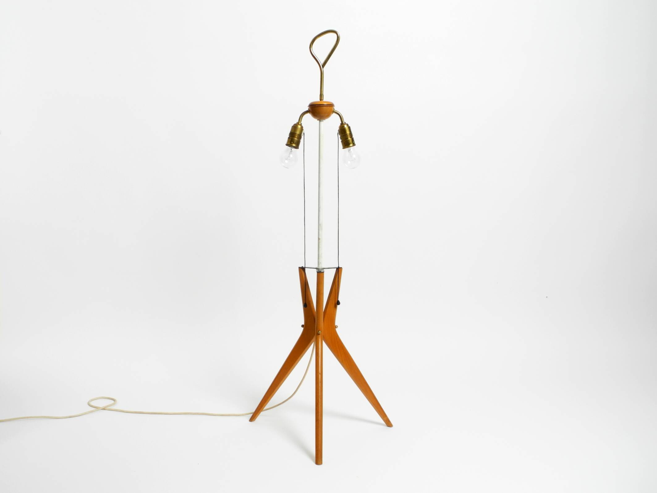 Mid Century Modern tripod walnut wood floor lamp with large fabric shade