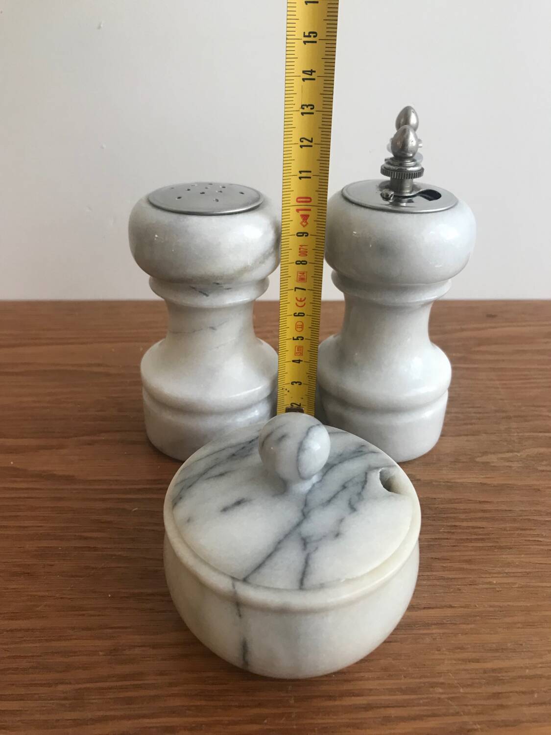Vintage white marble salt/pepper/mustard shaker set