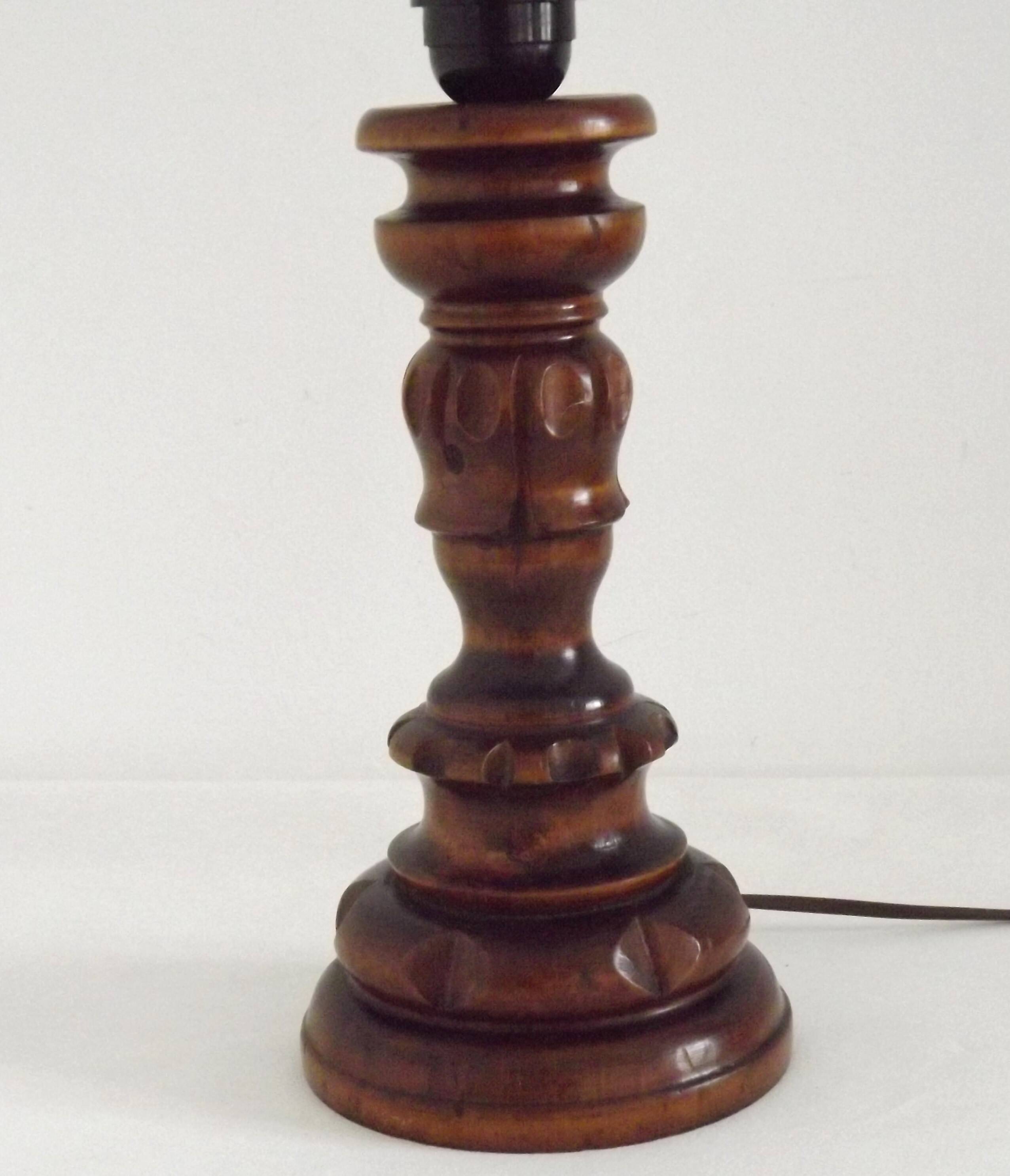 Vintage French Country Table Lamp Carved Turned Wood Base & Hide Skin Shade