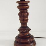 Vintage French Country Table Lamp Carved Turned Wood Base & Hide Skin Shade