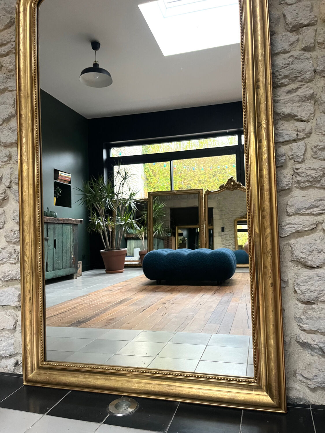 Antique mirror 173/94.5cm Louis-Philippe with a pediment and beaded overmantel.