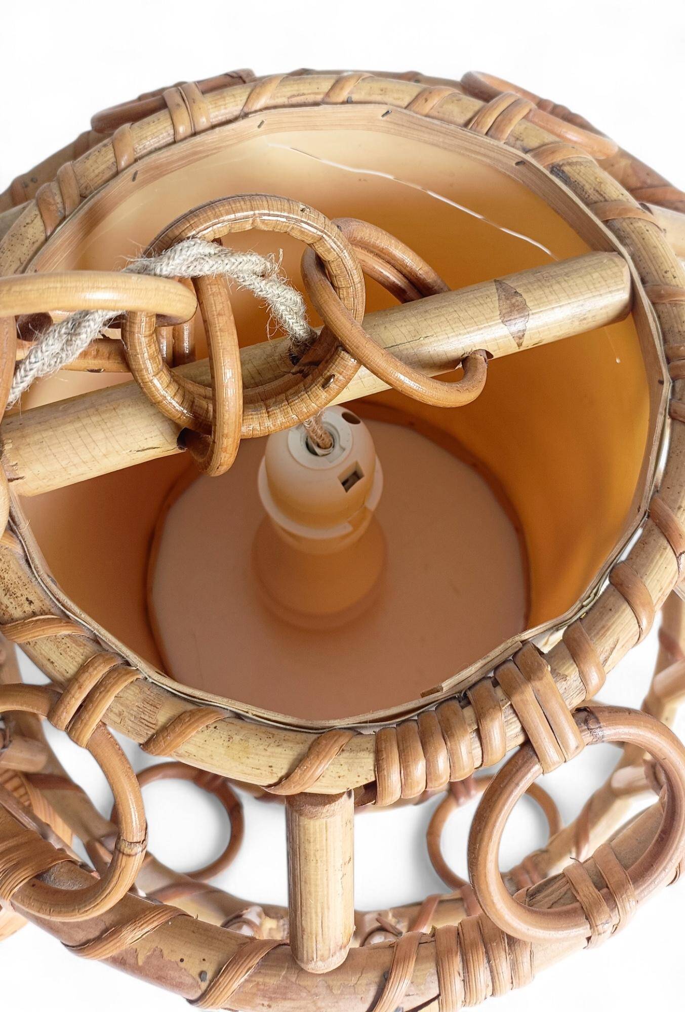 1960s Hand-Crafted Mid-Century Bamboo and Rattan Pendant Lamp, France