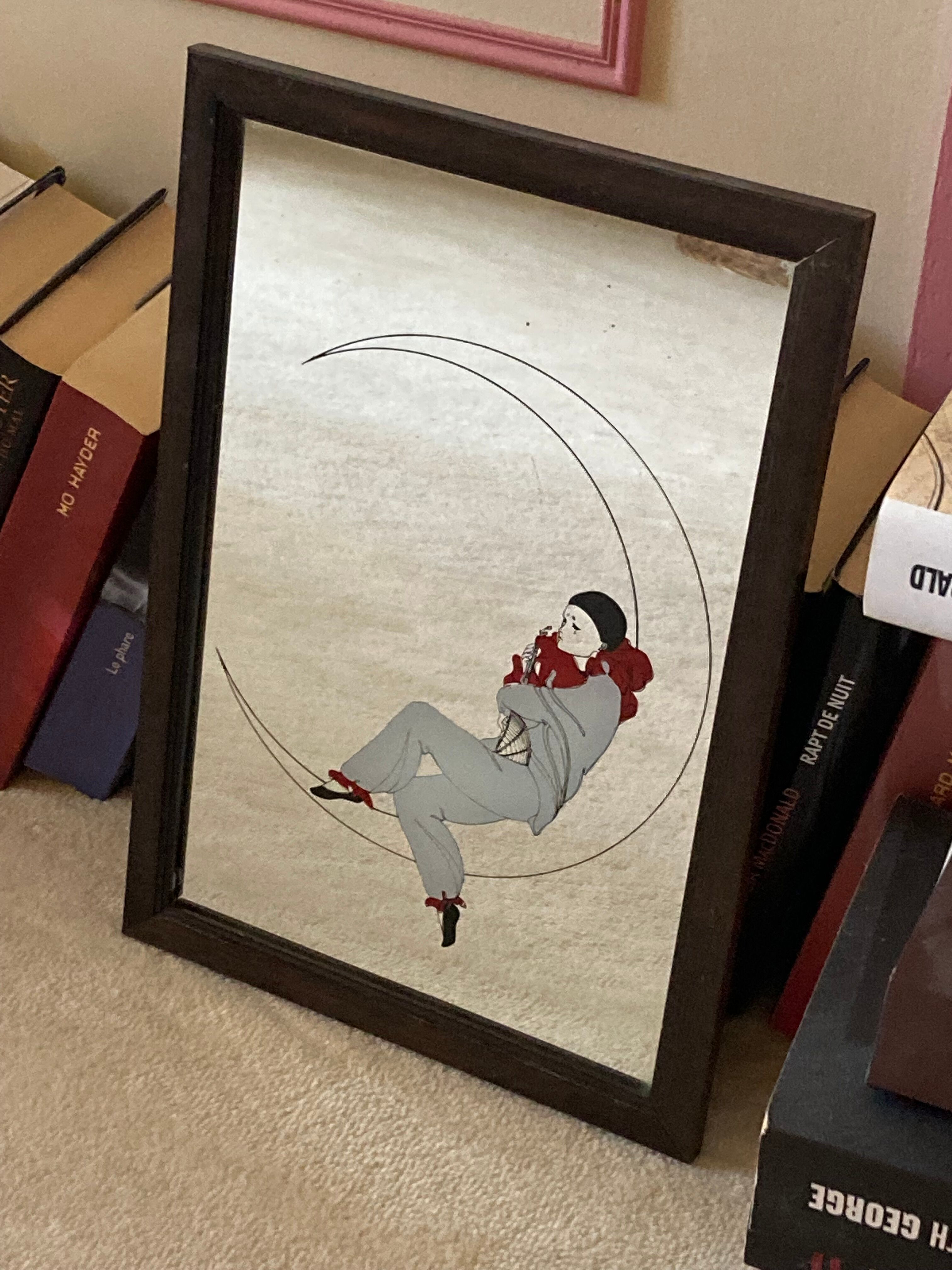 Old vintage collector mirror with drawing / silkscreen printing by Pierrot in the moonlight 70's 80's