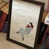 Old vintage collector mirror with drawing / silkscreen printing by Pierrot in the moonlight 70's 80's