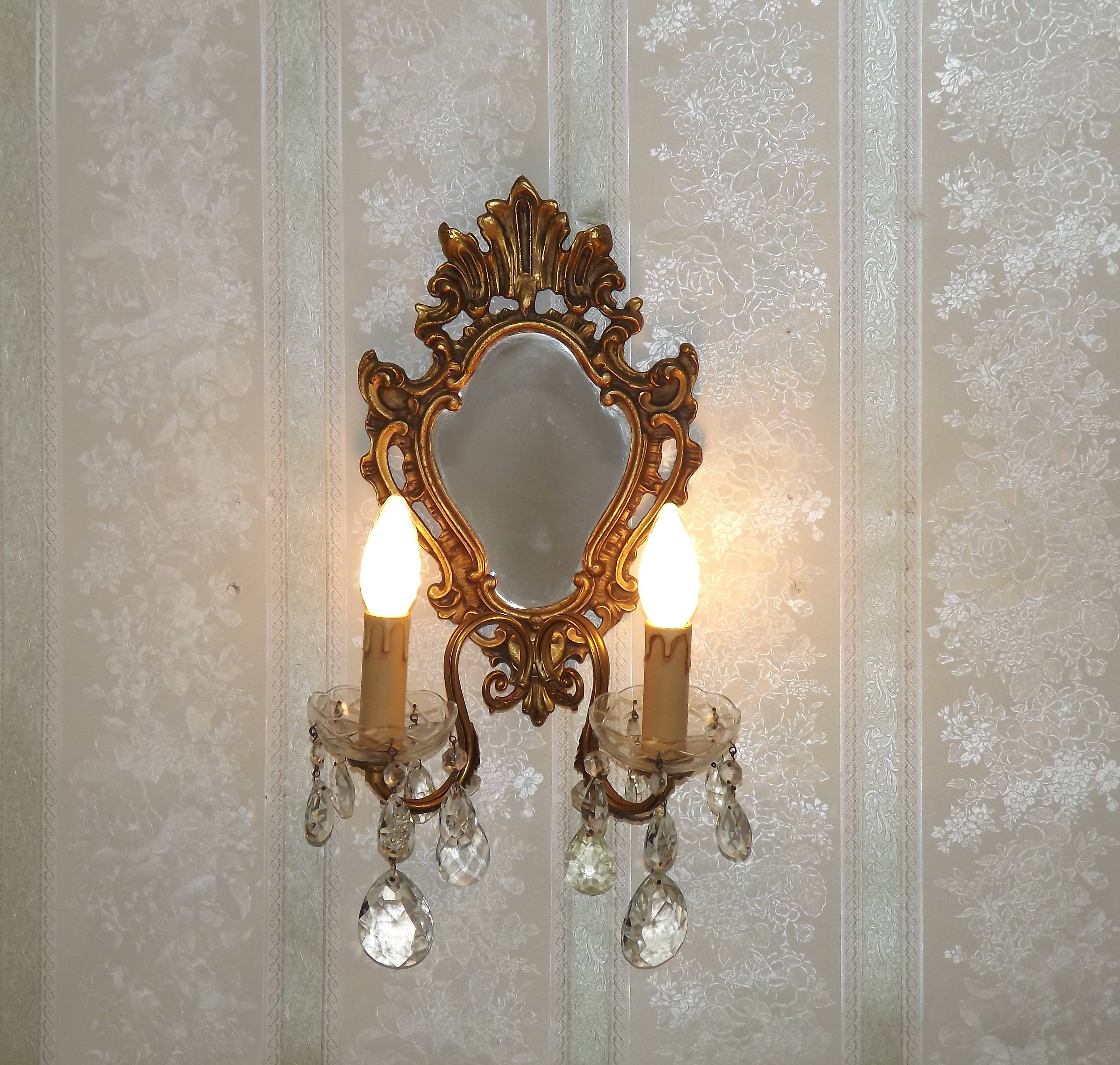 French Antique Gilt Bronze Baroque Double Light Crystal Mirror Wall Sconce 4807
