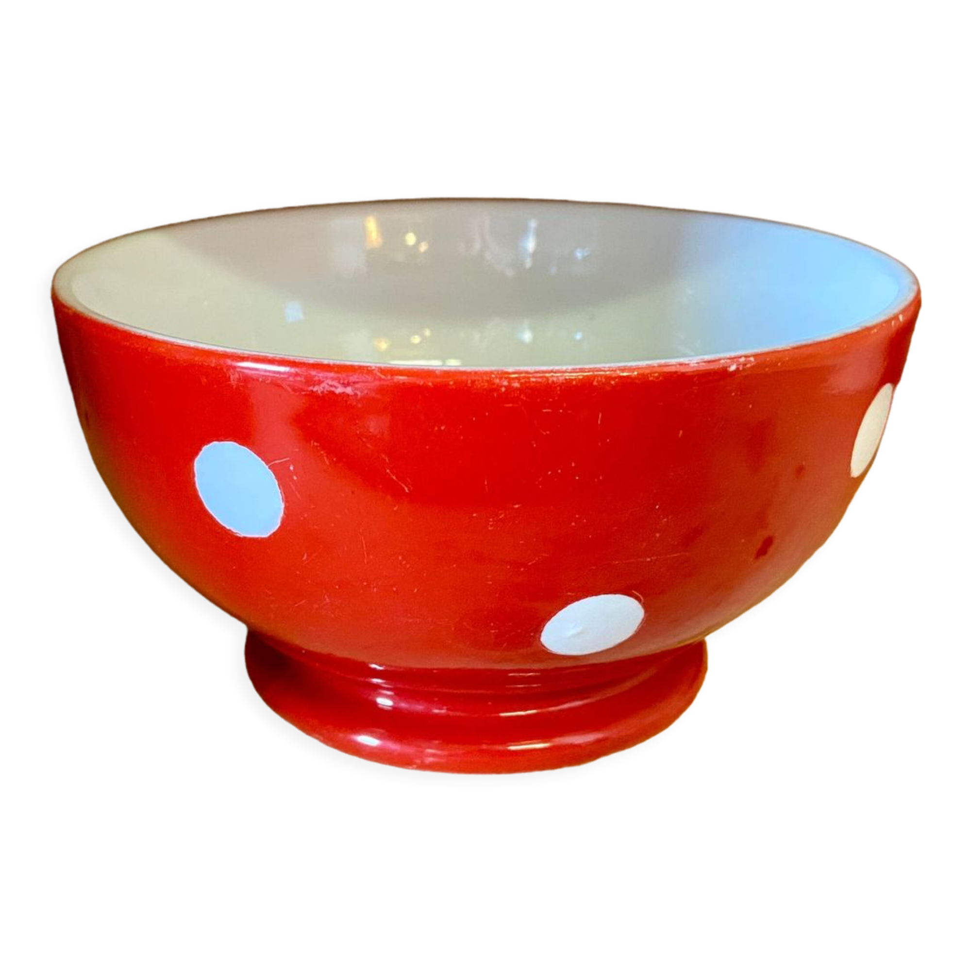 Old red and white bowl