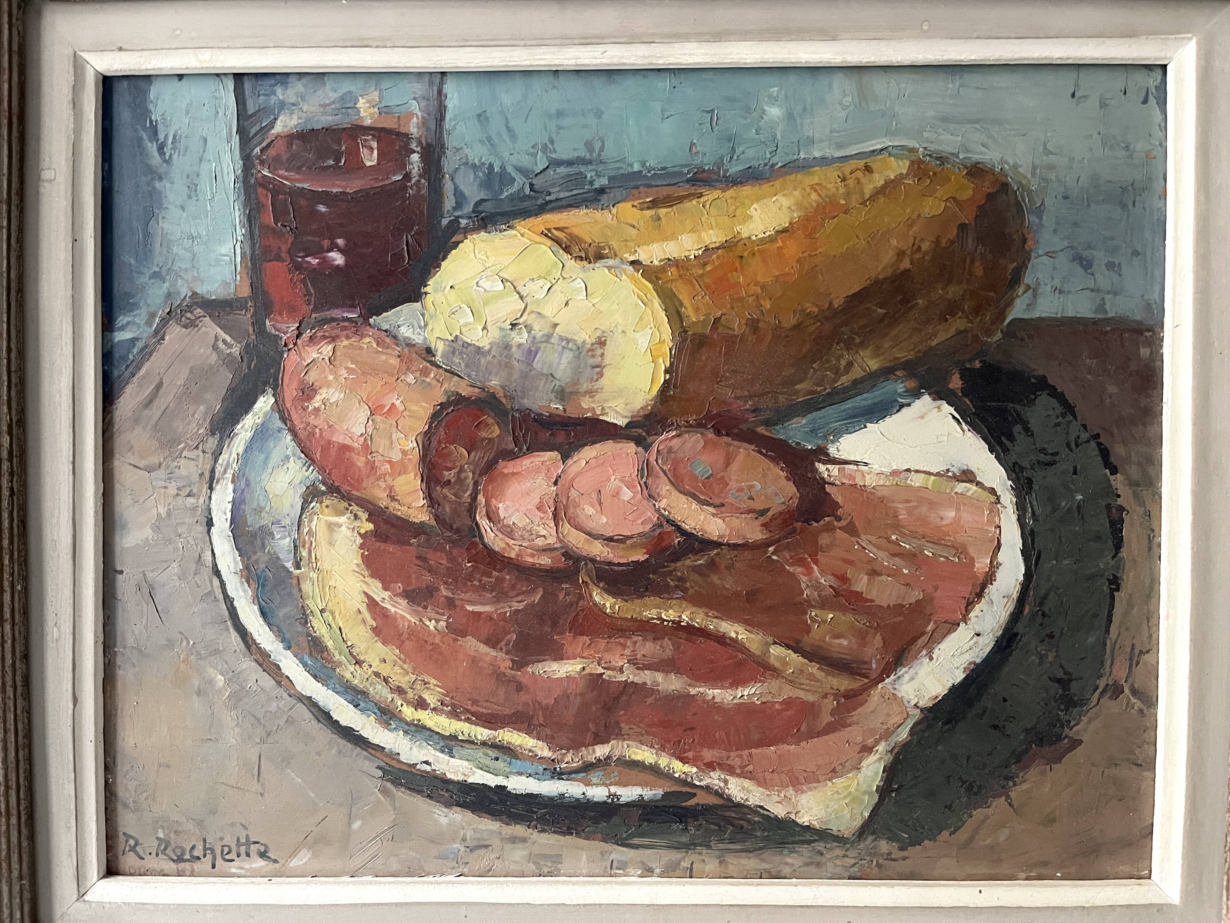 Oil on canvas still life with a baguette and sausage from the 1940s.