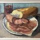 Oil on canvas still life with a baguette and sausage from the 1940s.