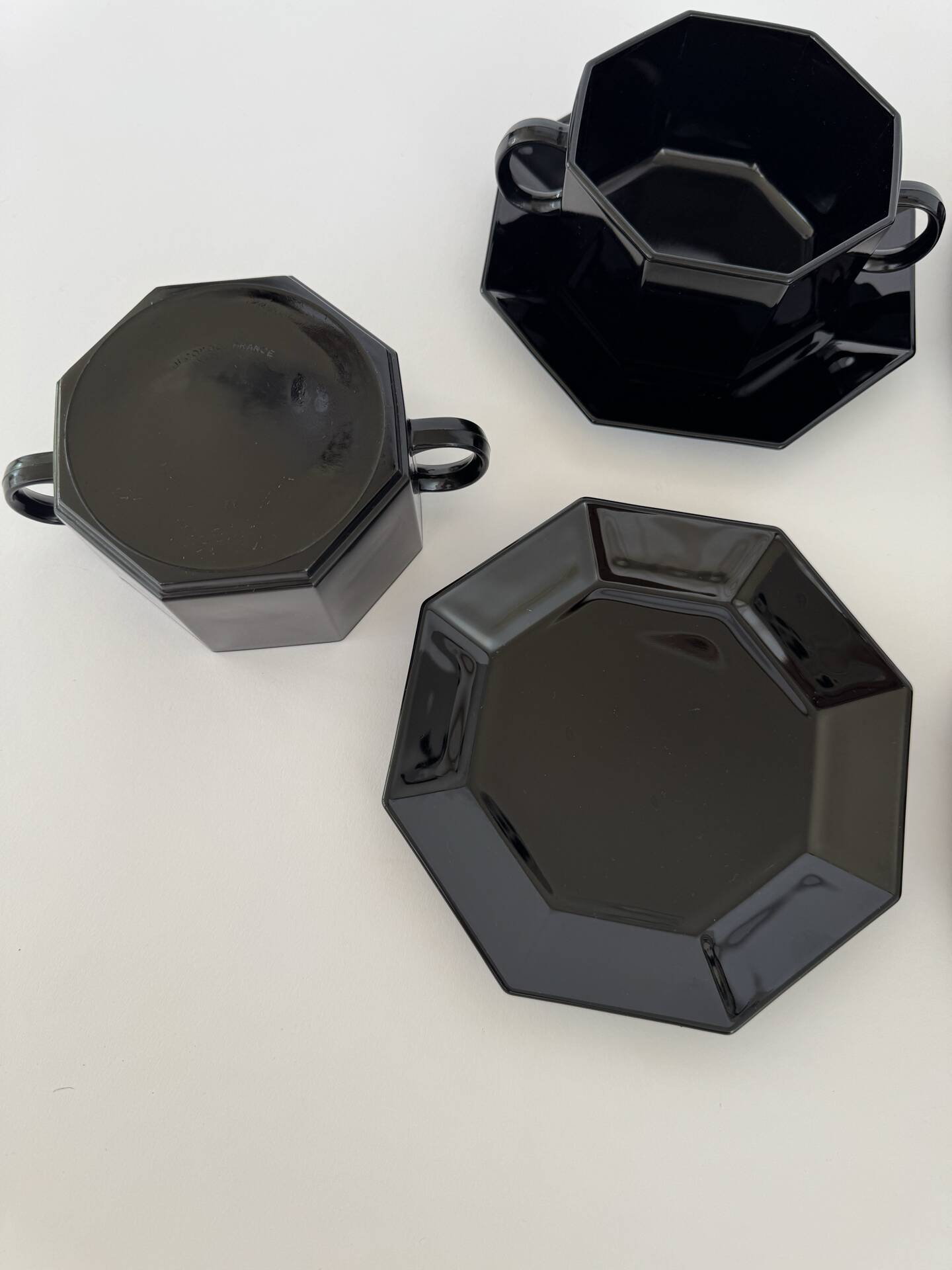 Vintage Set of 6 Arcoroc Black Glass Soup Cups and Saucers Set