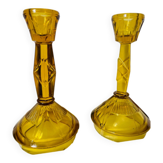Pair of art deco style candlesticks in amber glass