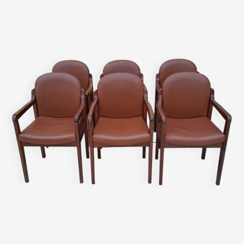 6 fauteuils de table chaises teck et cuir danois vintage type conférence