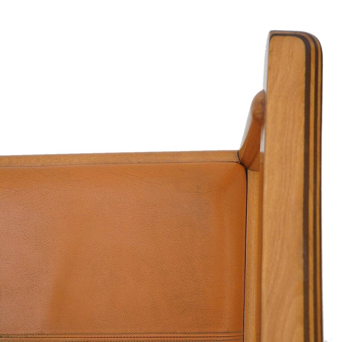 Wood and leather chairs, 1970s, set of 4