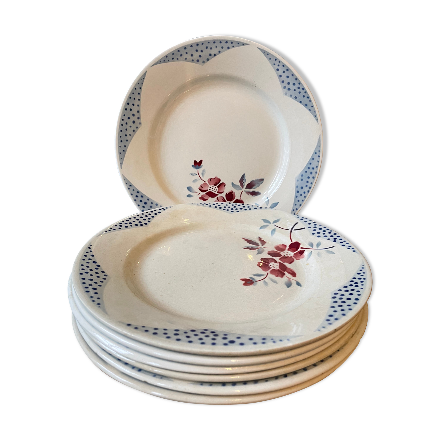 Set of 7 flat plates Digoin Sarreguemines, Barfleur model