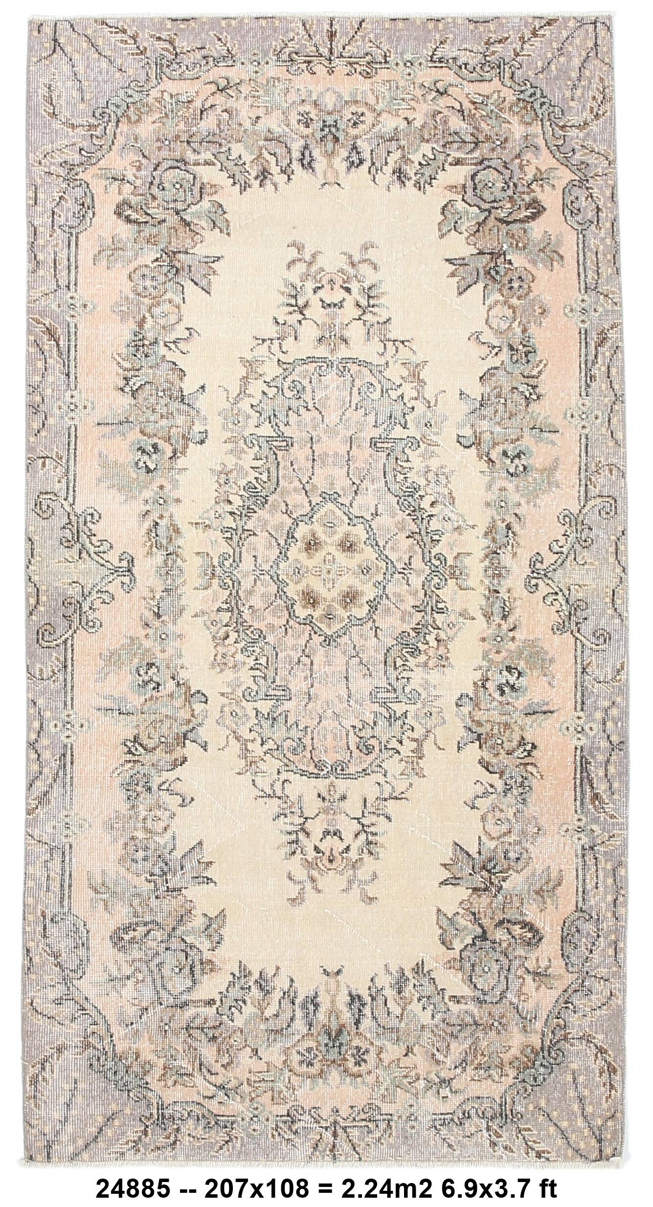 3x7 Cream & Brown Oriental Vintage Rug, 108x207Cm
