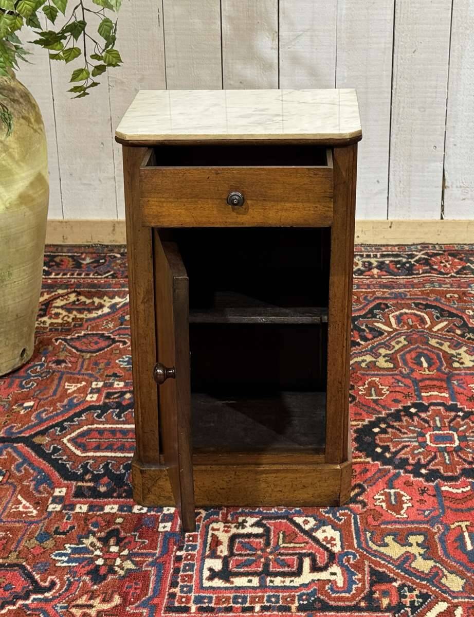 Nightstand in walnut with a white marble top, 19th century.