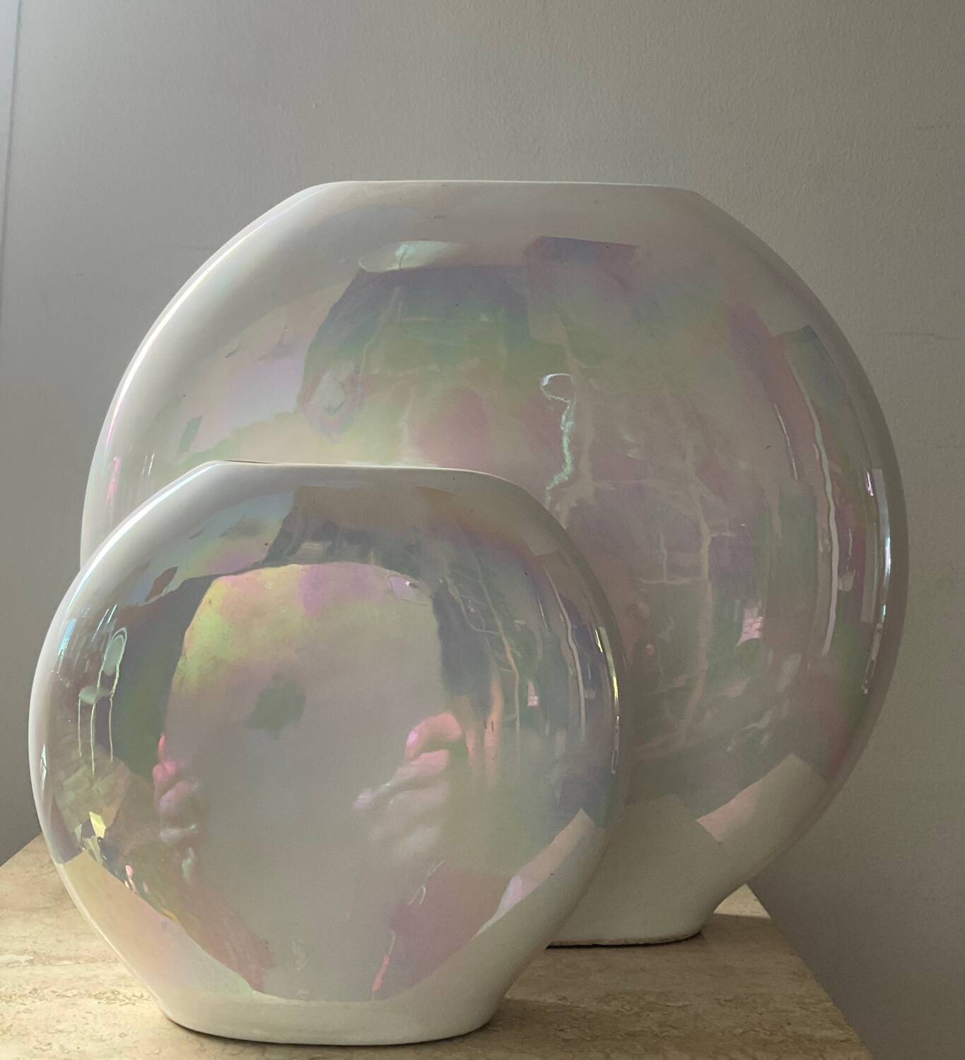Duo of vintage round vases in iridescent ceramic