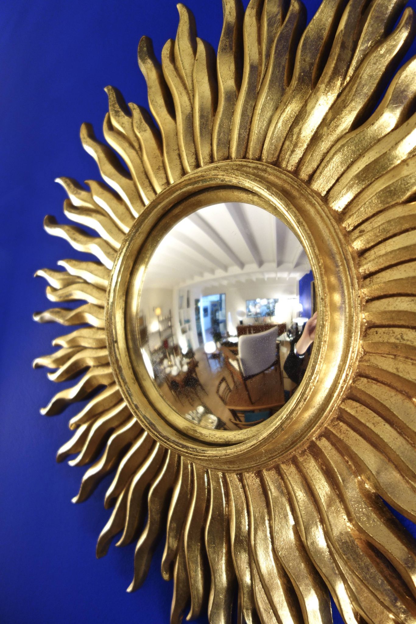 Vintage convex sun mirror in gilded wood, France 1960's
