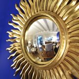 Vintage convex sun mirror in gilded wood, France 1960's