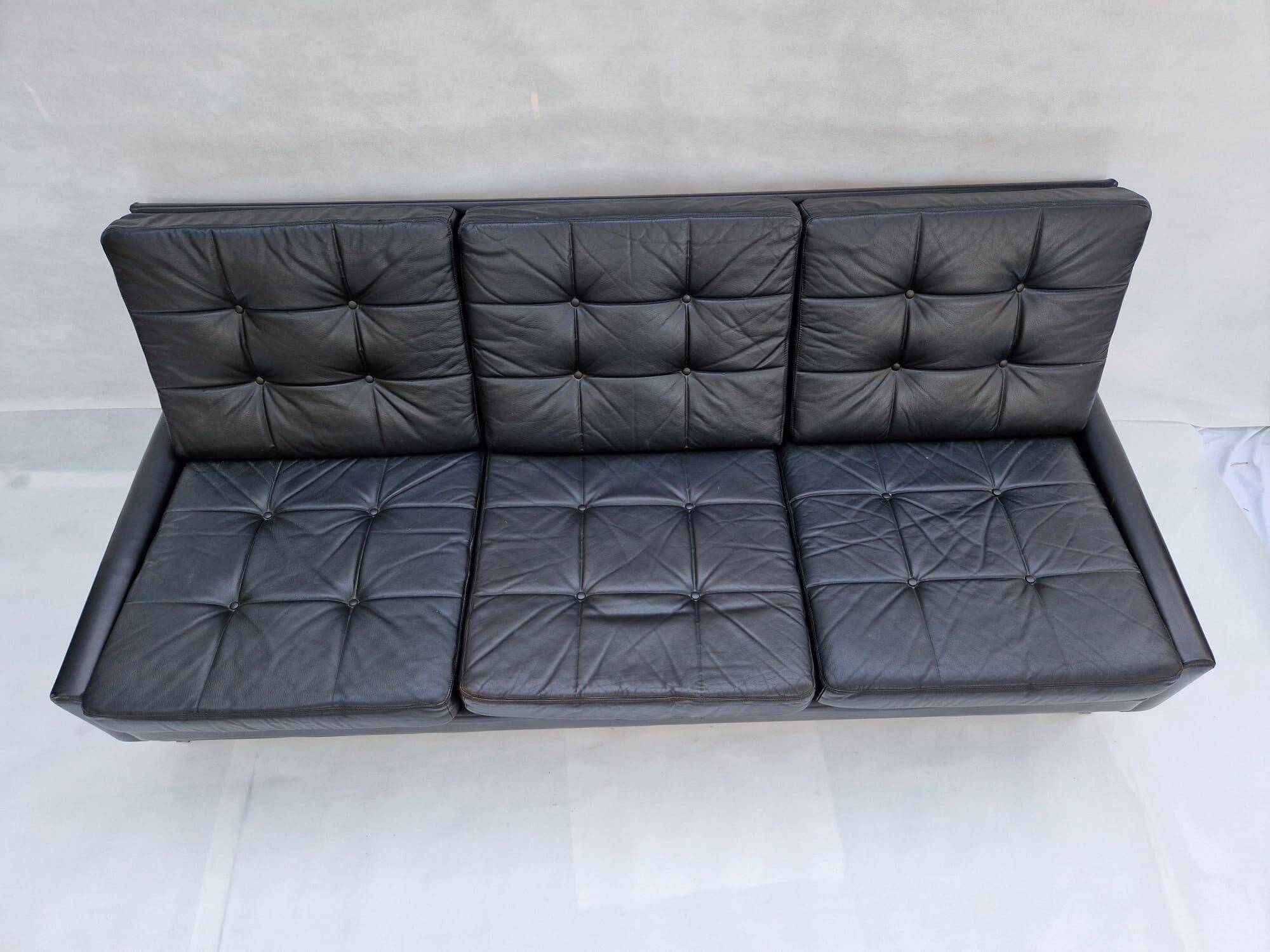 Canapé 3 places, vintage, chrome, cuir noir, Danemark, années 1960