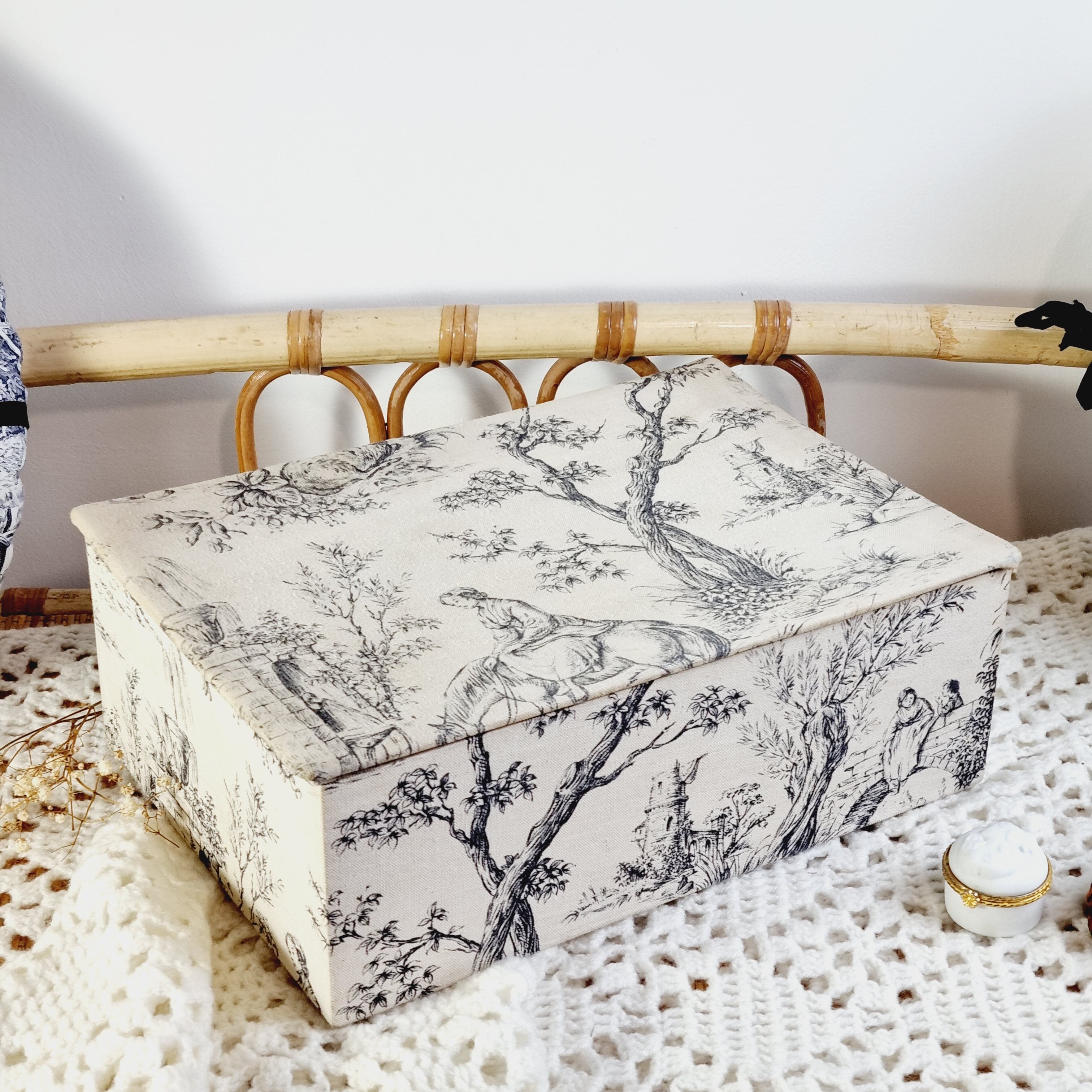 Large antique box made of toile de jouy