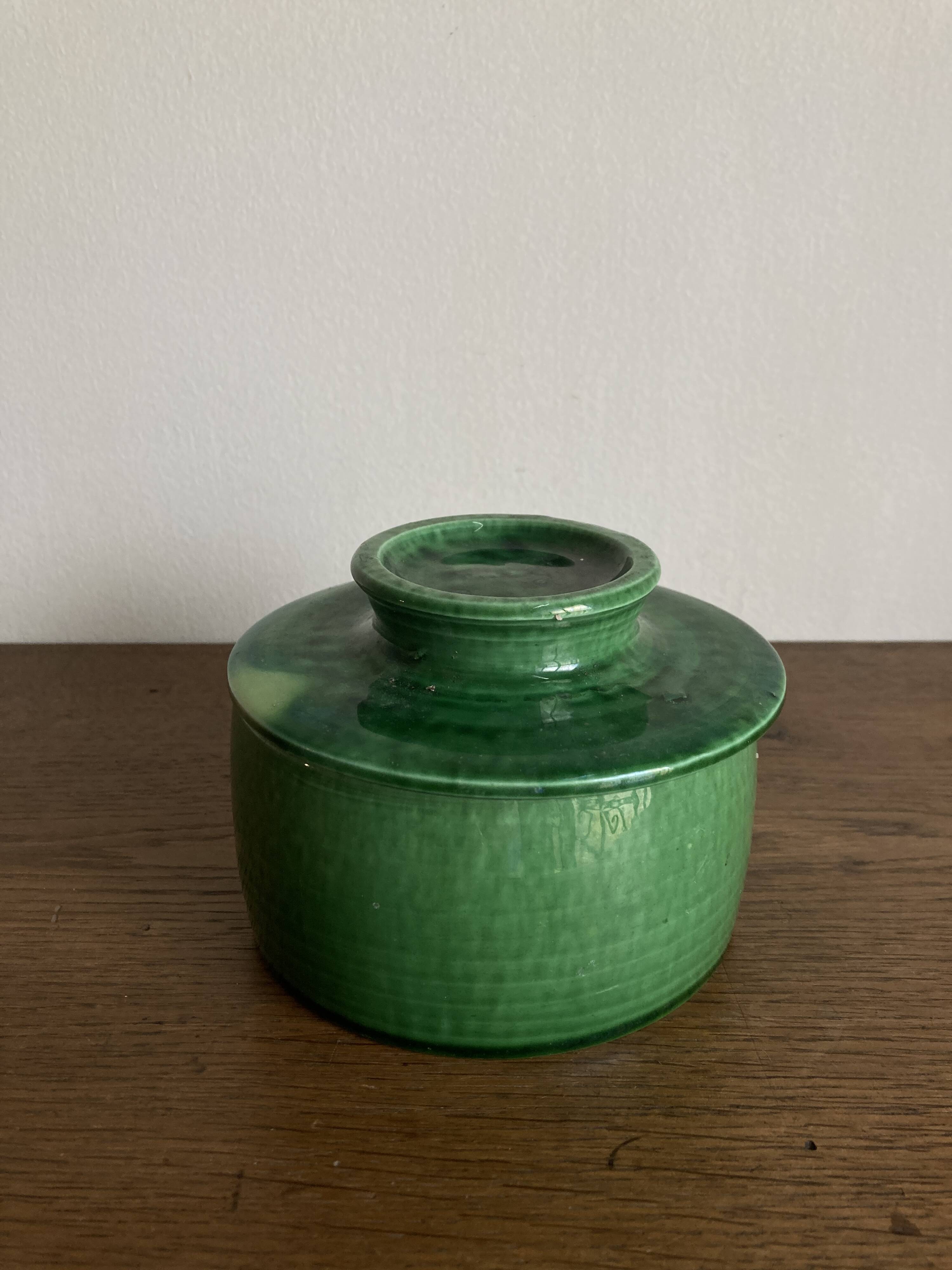 Foucart Jourdan Green glazed earthenware butter dish with water reservoir, 1960