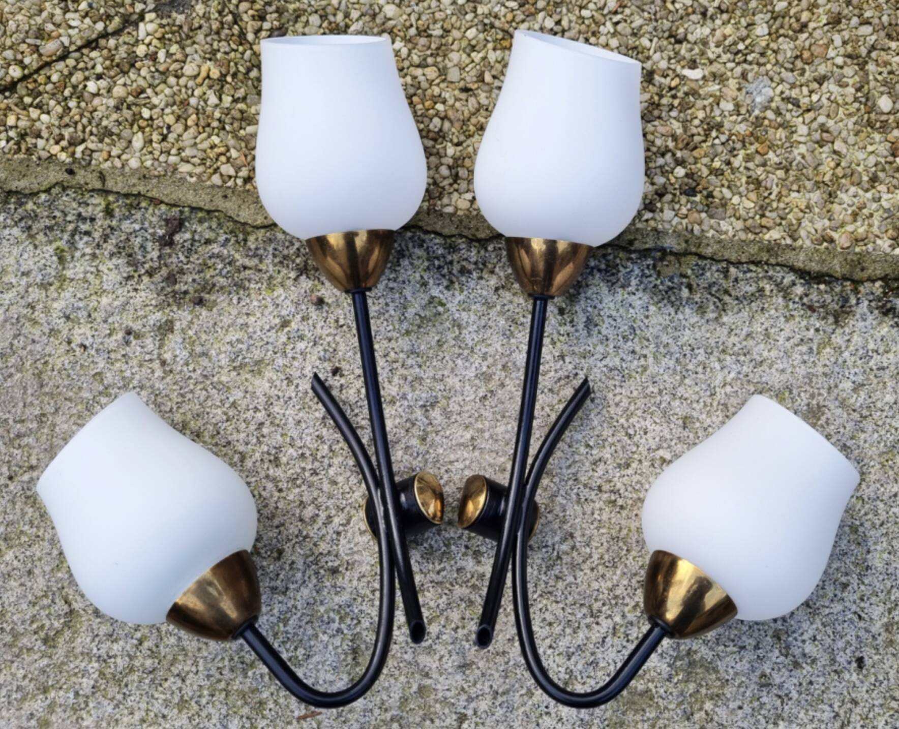 Pair of double brass, steel and opaline wall lamps, vintage, 50s