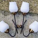 Pair of double brass, steel and opaline wall lamps, vintage, 50s