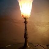 Brass and bronze foot lamp 1920 and pink and white opaline 37x14