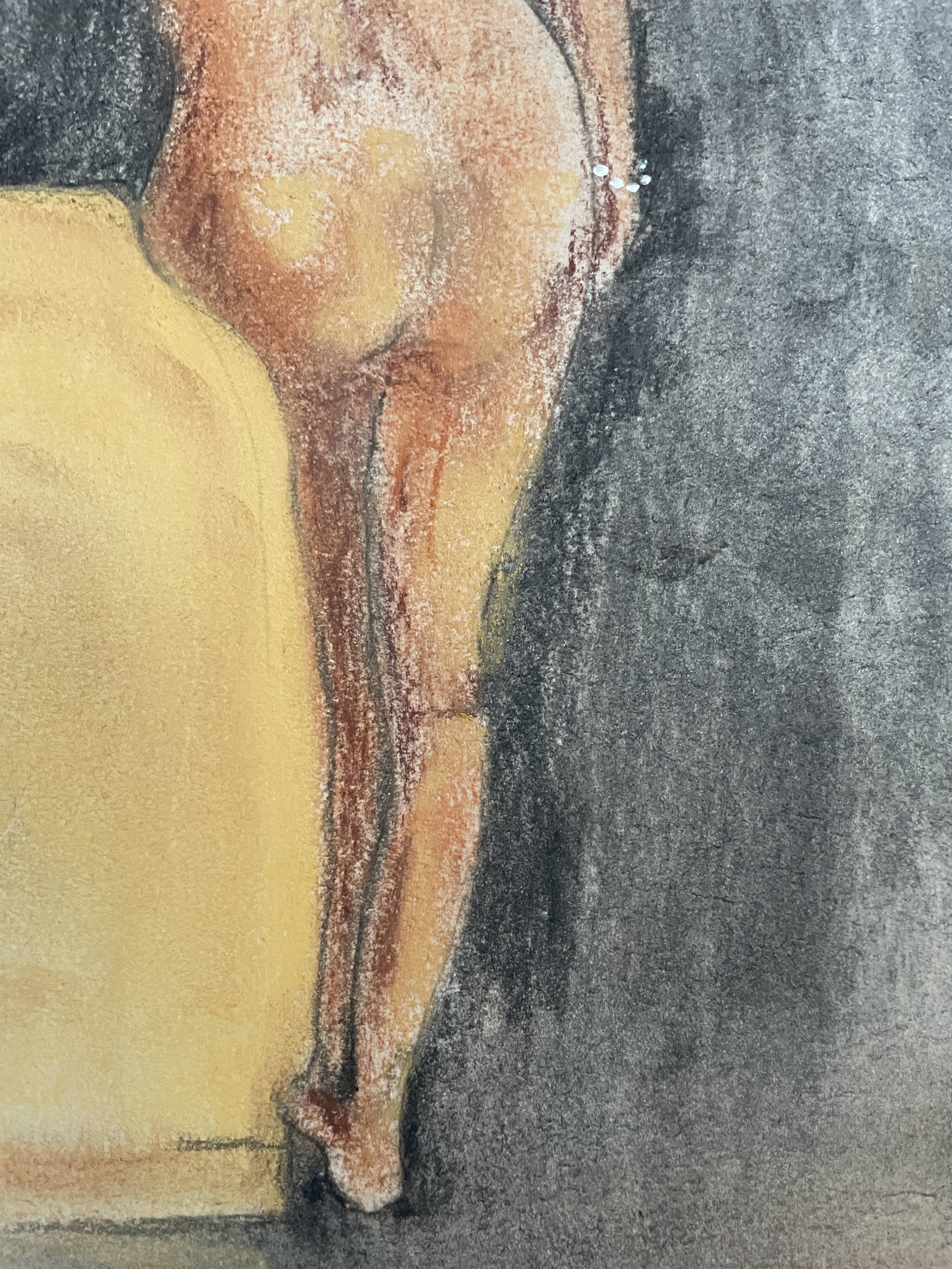 Painting signed pastel female portrait “the ocher sofa” 42x30 cm